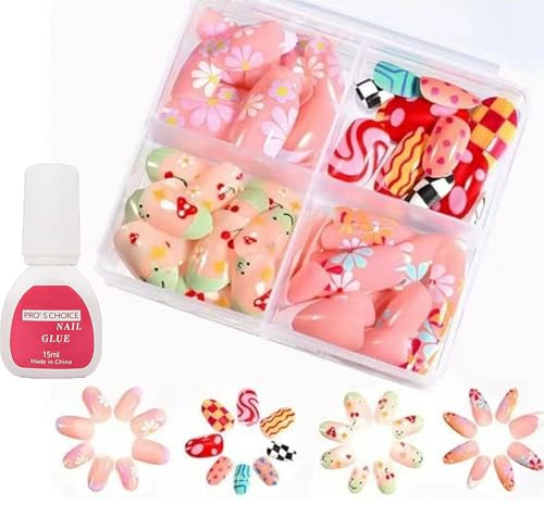 96PCS Fake Nail with Glue, Girl Nail Design, Stick on Nails Girls, Full Cover Press on Nails Cute Pattern Kits -Flowers, Stars, Cherries, Smiling Faces, Women Girls DIY Nail Art