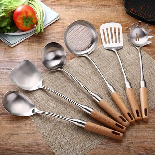 Set di posate in argento, 6/24/36/48 pezzi, spatola in acciaio inox 304 con manico in legno, set di utensili da cucina, cucchiaio da cucina, spatola, cucchiaio per porridge, scolapasta (argento 6 set