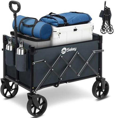 Sekey 220LBS Folding Festival Trolley on Wheels, Heavy Duty Camping trolley with All-Terrain Wheels, Portable Beach wagon, Adjustable Handle, Space-Saving Cart for Shopping Outdoor - Grey