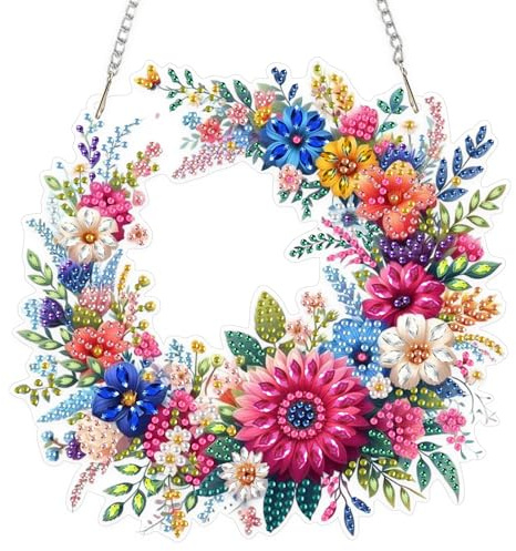 EOBROMD Blume Diamond Painting Fensterbilder, 5D Kranz Diamond Painting Anhänger Deko mit Kette, Diamant Malerei für Wand Und Eingang Dekoration