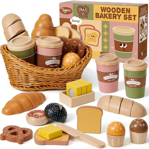 Atoylink Kinderküche Zubehör Holz Spielküche Zubehör, Bäckerei Spielzeug mit Korb Brot, Holz Lebensmitte Küchenzubehör Küchenspielzeug Geschenk für Kinder Mädchen Jungen ab 3 4 5 6 Jahre