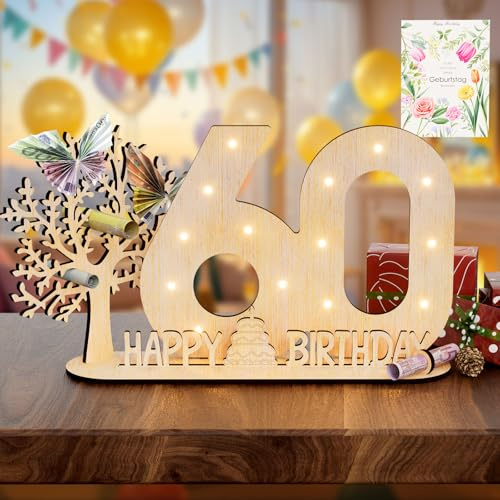 Vimlits Holz Schild Gästebuch, 60 Geburtstag Geschenk Frauen & Männer - Originelle Geldgeschenke mit Funkelnde LED Lichterkette 60 Geburtstag Deko Hochzeit Jubiläum Tisch Deko Zahlen