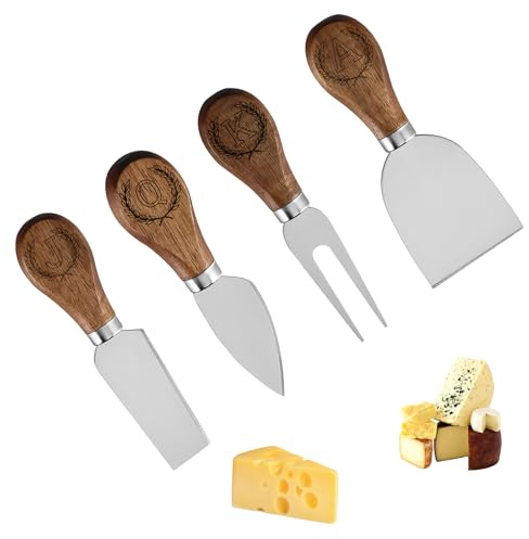 4/6 Couteaux à Fromage Personnalisés Gravure sur Bois d'Acacia Texte/Logo, Couteau Beurre Tartineur & Fourchette Cadeau Fête des Geeignet als Geschenk für Partys Hochzeiten (4 couteaux à fromage)