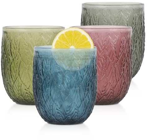 Hebaogugu 350 ml/12 oz Glass Tumblers, Coloured Drinking Glasses Set of 4 for Wine, Milk, Tea, Beverage, Vintage Water Glasses for Home & Restaurant(Leaf Pattern)