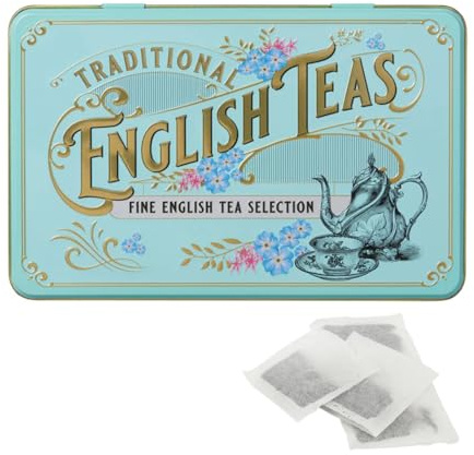 New English Teas | Caja regalo lata metal con filtros té negro English Breakfast, Earl Grey, negro tarde - 24 filtros x 3 sabores (144 gramos)