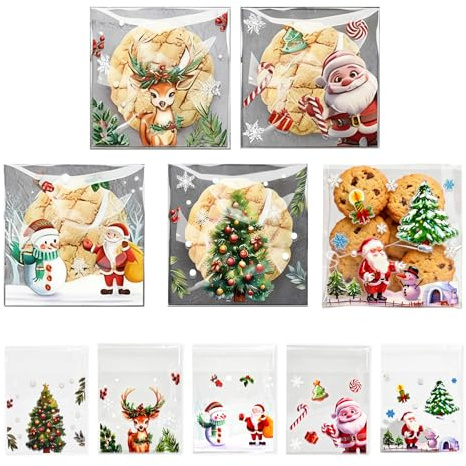 Guidre 100 bolsas de celofán de Navidad, bolsas de celofán transparentes, autoadhesivas, para galletas de Navidad, dulces, cumpleaños, envoltorios de regalo (10 x 10 cm/3,94 x 3,94 pulgadas)