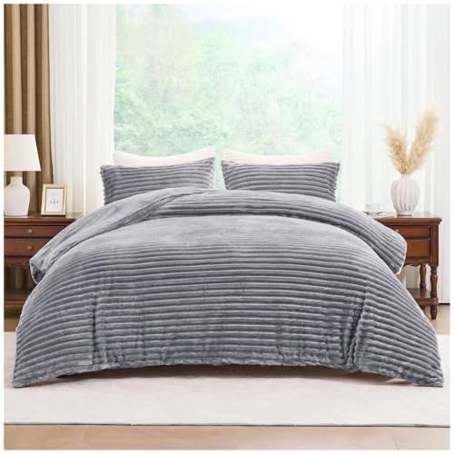 David & Amaya Teddy Fleece Duvet Cover Set – Chunky Ribbed Super Soft Warm Cosy Bedding with Pillowcases – Easy Care, Durable, Snuggly Polyester Quilt Set (Grey, King)