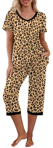 PrinStory Pigiama da donna a maniche corte con scollo a V, set di magliette e pantaloni pigiama con tasche, Leopardo Albicocca, L
