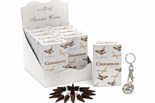 Stamford Cinnamon Incense Cones 12 Pack Set 180 Cones Total with JRose Trolley Coin Keychain Warm Spicy Home Fragrance Cones for Relaxing Atmosphere