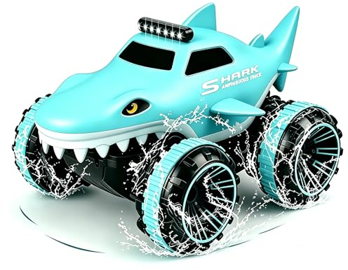 Direktladung Ferngesteuertes Auto mit LED Licht,Amphibienfahrzeug in Hai-Optik für Land und Wasser, 2.4GHZ Amphibien Wasserdichter RC Stunt Auto 360° Flips,15 km/h,Kinderleichte Bedienung, ab 4 Jahren
