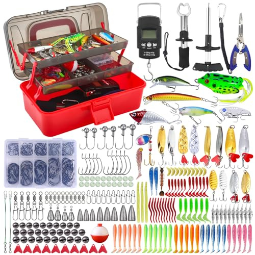 Juego de accesorios de pesca de 314 piezas con caja de cebo, juego de señuelos de pesca y juego de herramientas con clips de labios, removedor de ganchos, intermitentes de cuchara, spinner, jigs