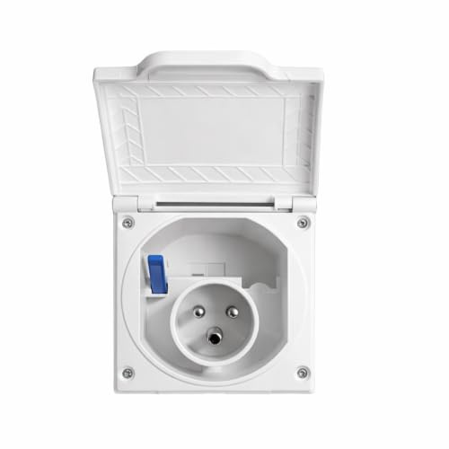 ADVENTURE OUTDOOR SUPPLIES White Flush‑Fitting 240V 16A CEE Mains Inlet for Caravans & Motorhomes – External Electric Hook‑Up Socket with Hinged Lid – Easy‑Fit Design