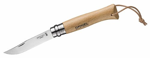 Opinel-Messer Nr. 8, rostfreier Sandvik-Stahl 12C27, natur Buchenholzgriff, Lederriemen, Virobloc-System
