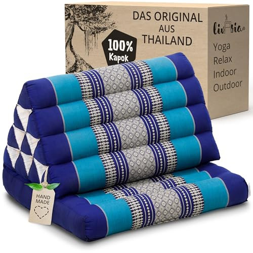livasia Thai cushion with 1 seat rest - 30x20x3.1″ - Triangle cushion with seat cushion, Wedge cushion, kapok, Back support cushion, folding, Thai mat, folding, Hand made (Blue)