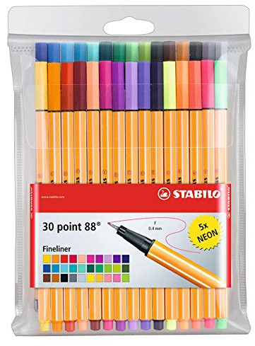 STABILO Fineliner point 88 - Wallet of 30 - Assorted colors with 5 neon colors