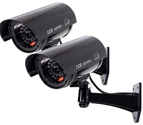 F FINDERS&CO Fake Security Camera, Dummy CCTV Surveillance System with Realistic Red Flashing Lights and Warning Sticker Indoor Outdoor (2,Black)