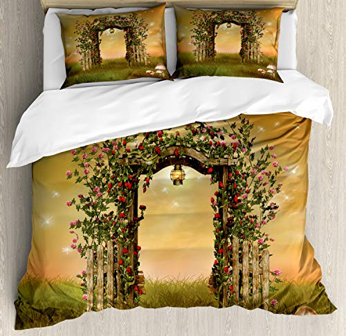 Ambesonne Fantasy Duvet Cover Set, Rustic Door with Burgeoning and Blossoming Flowers on Wooden Fence, Decorative 3 Piece Bedding Set with 2 Pillow Shams, Queen Size, Pale Brown and Green Brown