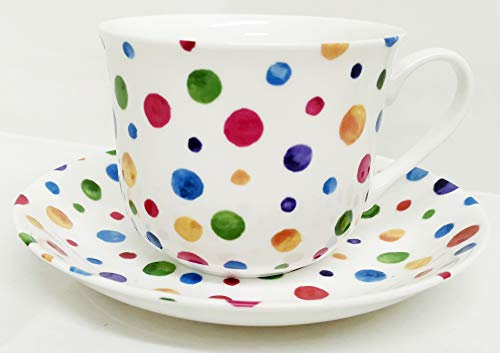 Polka Dot Painted Effect Breakfast Cup & Saucer Fine Bone China Jumbo Large Tea Coffee Cup & Saucer Hand Decorated in The UK