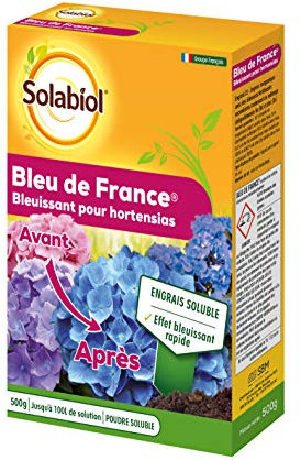 SOLABIOL Engrais Bleu De France - 500g - Jusqu'à 100L De Solution - Spécial Hortensias Bleu - Effet Bleuissant Rapide - Engrais Soluble - Formule Concentrée SOBLEU500