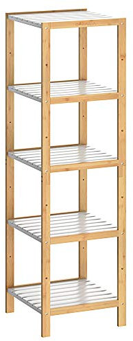 Casaria® Badezimmer Regal Bambus Holz 5 Ablagen Belastbarkeit 50kg Küche Wohnzimmer Bad Diele Standregal Holzregal Badregal 140x33cm Schmal Braun-Weiß