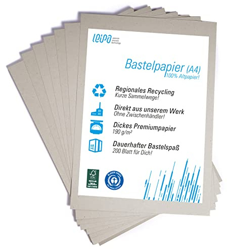 200 Blatt recyceltes Buntpapier Basteln Grau Farbige Pappe Blätter für Kinder A4 190g/m² LEIPA Manila-Karton Dekorieren, Tonpapier Bastel-Papier Bastelset Malblock, Vintage/Retro (Grau)