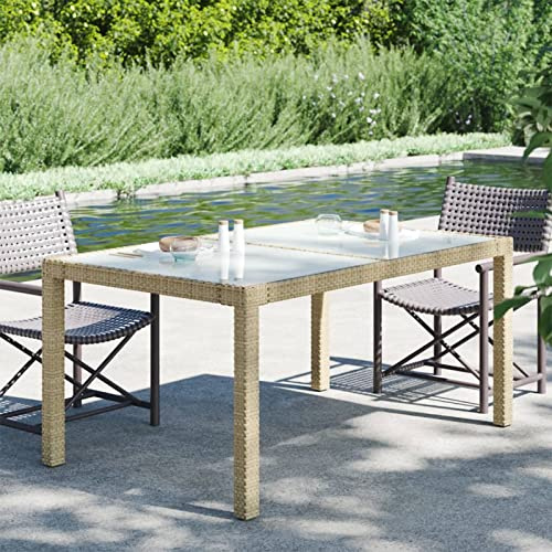 Susany Mesa jardín Vidrio Templado ratán sintético Mesas de Comedor de Patio Mesa de jardín de Rattan y Cristal, 150x90x75 cm Beige