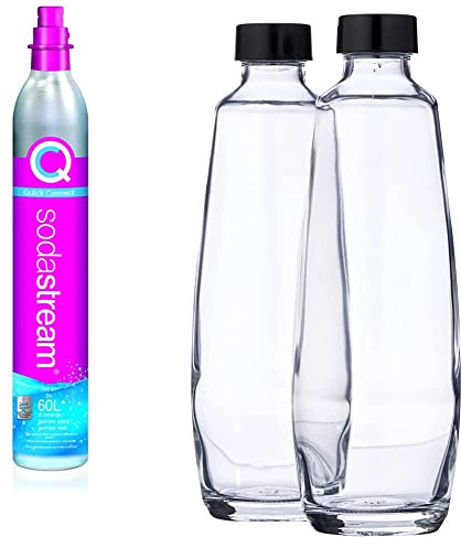 SodaStream Cilindro Co2 Addizionale CQC con attacco rapido, bombola Co2 per gasatori Sodastream TERRA DUO & Bipack Bottiglie di Vetro da 1L compatibili con gasatore Duo 2x1L, Nero, 10x19.5x29