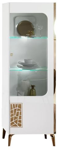 AltoBuy SAFARY - Vitrine 1 Porte Droite Laquée Blanc et Or Décor Sérigraphié