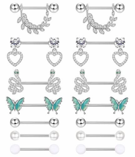 Adramata 7 Paare 14G Nippelpiercing für Frauen, Chirurgenstahl Nippelpiercing Schmuck, CZ Ball Herz Schmetterling Schlange Nippel Zunge Bars Körper Piercing Schmuck,S