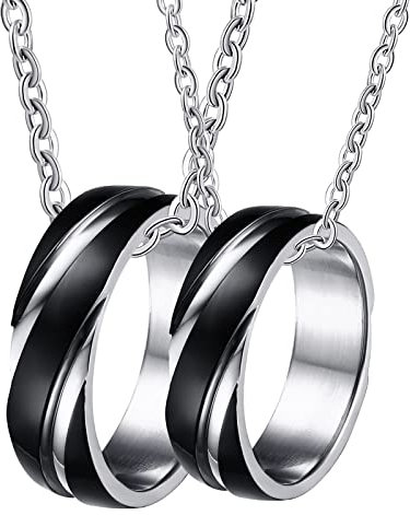 BCughia Partner Ketten, Partnerketten mit Ring Schwarz Halskette Personalisiert Schwarzer Silberring 6mm Halsketten Engagement Pärchen Geschenke für Paar