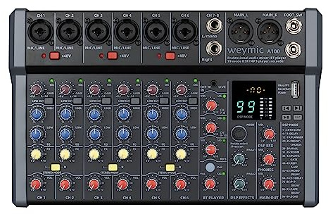 Weymic A-Series Professioneller Mixer für die Aufnahme von DJ-Bühne, Karaoke-Musik-Anwendung mit USB-Laufwerk für Computeraufnahmeeingang, XLR-Mikrofonanschluss, 48 V Leistung, Cinch-Ausgang für