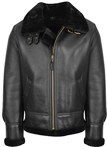House Of Leather Herren Herren Klassische B3 Original Schaffell Jacke Real Shearling Flying Bomber Aviator Kyoto, Schwarz (schwarzes Lammfell), XXL
