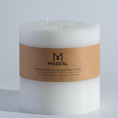 MOZEAL Extra Large 3 Wick White Pillar Candle, 6 x 6, Unscented, Dripless, Smokeless, and Clean-Burning. Approx. 120 Hours of Burn Time. Perfect for Weddings, Dinners, Christmas and Home Decor