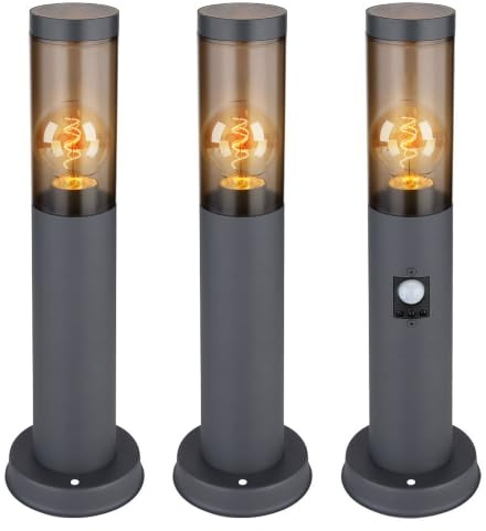 Außenstehlampe mit Bewegungsmelder Pollerleuchte Außen Sockelleuchte Gartenlampen anthrazit IP44, Edelstahl rauchfarben, 1x E27 Fassung, DxH 7,6x45cm, 3er Set