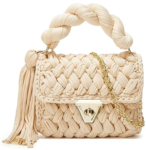 Tote Purse Crossbody Bags for Women - Chunky Yarn Knit Shoulder Bag, Crochet Handbag, Handwoven Clutch Flap Evening Tote