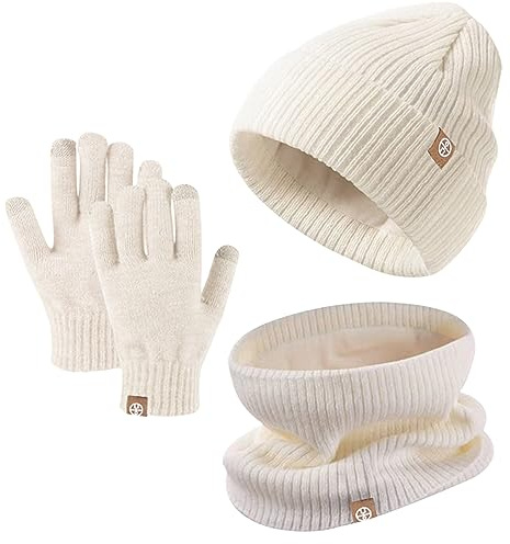 Enwokran 3 Stück Kinder Wintermützen Handschuhe Schal Set Beanie Mütze Warme Gestrickte Touchscreen-Handschuhe Loop WinterSchlauchschal für Jungen Mädchen 5-12 Jahre Outdoor Aktivitäten
