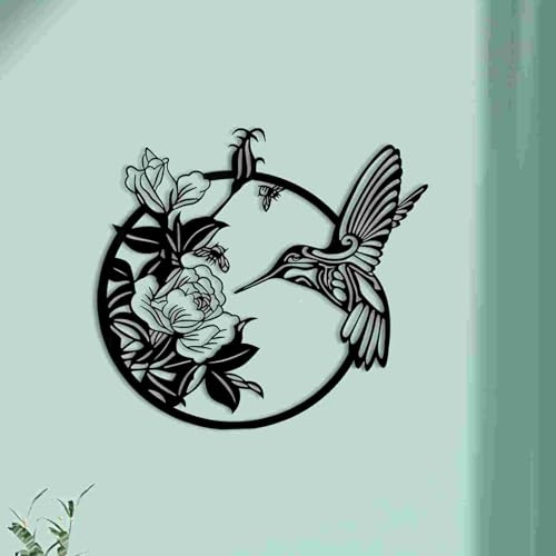 ruelen Metal Bird Wall Art Decor,Black Round Hummingbird Wall Decor | Home Decor Silhouette Hanging for Indoor Living Room Bedroom Office Corridor and Outdoor Garden Patio Fence Decoration