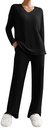 Kswlwccpp Strick Set Damen Warm Kuschelig Zweiteiler Winter Lounge Set Strickset Weites Bein Elegant Langarm Outdoor Jogginganzug Strick Set Strick Herbst Strickanzug Hausanzug