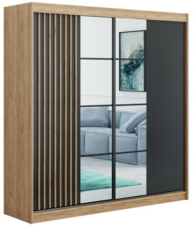 BM-Möbel Schiebeschrank Rocco mit Lamellen und Spiegel - Moderner Kleiderschrank Minimalistisch, Loft-Stil - 203x61x215 cm - Korpus Craft Gold, Fronten Schwarz, Lamellen Craft Gold