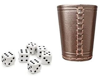 DELALO Würfelbecher aus Echtleder– Handgearbeiteter Becher inkl. 6 Würfeln (16 mm), 9 cm, Hochwertige Verarbeitung für Würfelspiele (Braun)