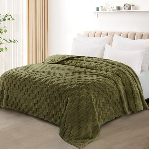 Exclusivo Mezcla Coperta Plaid Pile di Flanella per Divano, 150x200 CM Coperta Letto Singolo Matrimoniale con Motivo a Scacchi, Morbida e Calda, Verde oliva