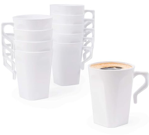 MATANA 300 White Hard Plastic Coffee Mugs, 240ml - Cups with Handles for Coffee, Tea, Chocolates, Hot & Cold Drinks - Sturdy & Reusable - Camping, Picnic, Barbecues, Parties
