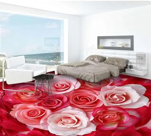 Custom Photo Flooring Wallpaper Red Rose White Rose Petal PVC Wallpaper Self-Adhesive Waterproof Floor Papier Peint,150cmX105cm