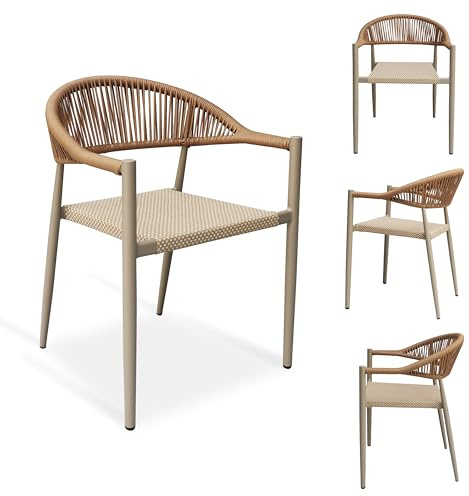 Erotr 4 Pcs Stackable Patio Dining Chairs, Aluminum Rattan Outdoor Dining Chair with Arms, Woven Rope Garden Armchair Metal No Assembly for Bistro Balcony Porch Deck Yard Cafe Restaurant, Light Brown