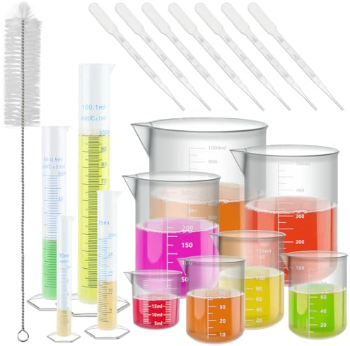 BATINO Juego de 19 tazas medidoras con cilindros graduados y cuentagotas, resistentes al calor, jarras medidoras de plástico, vasos graduados, tazas de mezcla, herramienta de medición de cocción