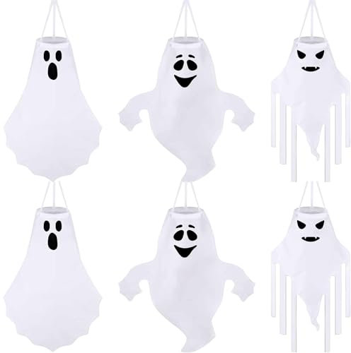 WinnerWhy 6 Stück 68,6 cm Halloween-Geister-Windsäcke Outdoor-Dekorationen Baum hängende Windsäcke weiße fliegende Geister für drinnen und draußen, Baum, Vorhof, Veranda, Rasen, Garten, Säule,