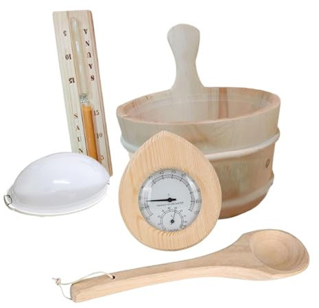 Sauna Accessories Set Sauna Wooden Bucket and Ladle Kit Steam Sauna Temperature and Humidity Meter for Bathroom Houses Shower