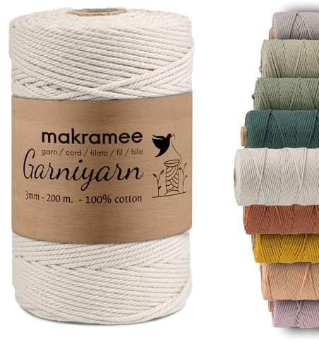 GARNIYARN Makramee Garn 3mm Premium 200m Baumwollkordel 100% Baumwolle für Makramee Wandbehang Wandbeharge Pflanzenhänger Hakeln DIY Basteln und Handarbeit Natural
