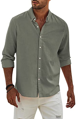 Elegancity Camisa de Lino Manga Larga para Hombre Camisas Informales de Verano Camisa Suelta de Ocio de Color Sólido con Botónes Top，Verde-1 L