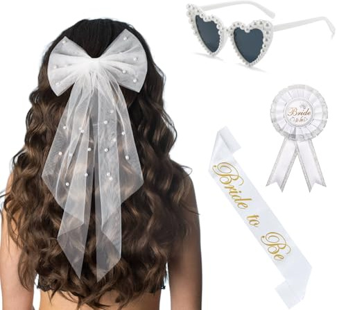 4 Stück JGA Accessoires Frauen Set - Enthalten Schleifen Schleier Weiße, Bride to Be Schärpe und Anstecker mit Schleife, Herz Sonnenbrille mit Perle - JGA deko Frauen für Junggesellenabschied, Wedding